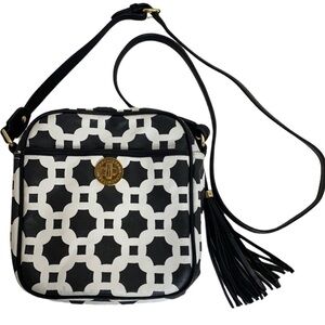 Isaac Mizrahi Genuine Leather Crossbody Tassel Chain Patterned Handbag Purse